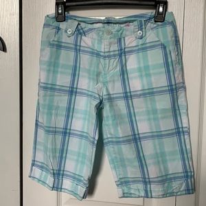 green and purple plaid capris